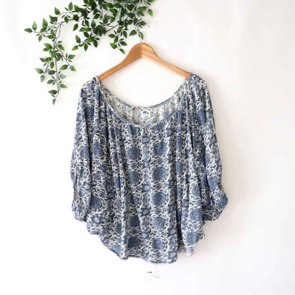 Lucky Brand John Robshaw Blue Beige Boho Peasant Top Dolman Sleeve Cottagecore